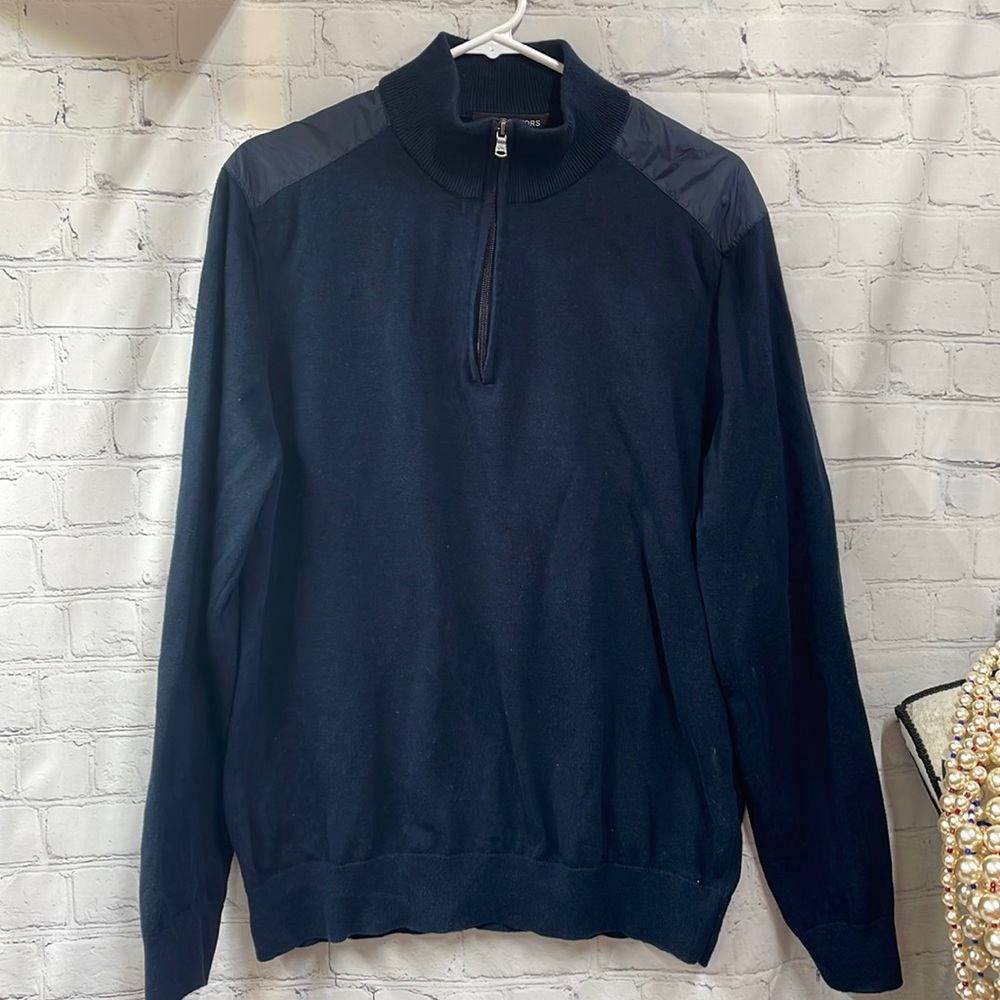 Michael Kors large cotton sweater with fabric shoulder details 3/4 zip